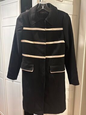 Black Coat Medium M Wool Blend Style Cream Trim Tailored Peacoat Chic Jacket